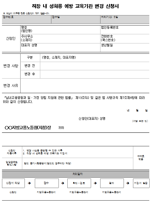 3호서식_직장 내 성희롱 예방 교육기관 변경 신청서